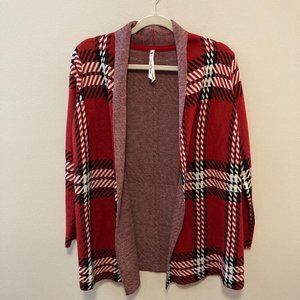 Cardigan Leo & Nicole Sz PS Red Black Plaid Sweater Open Front Grandma-Core